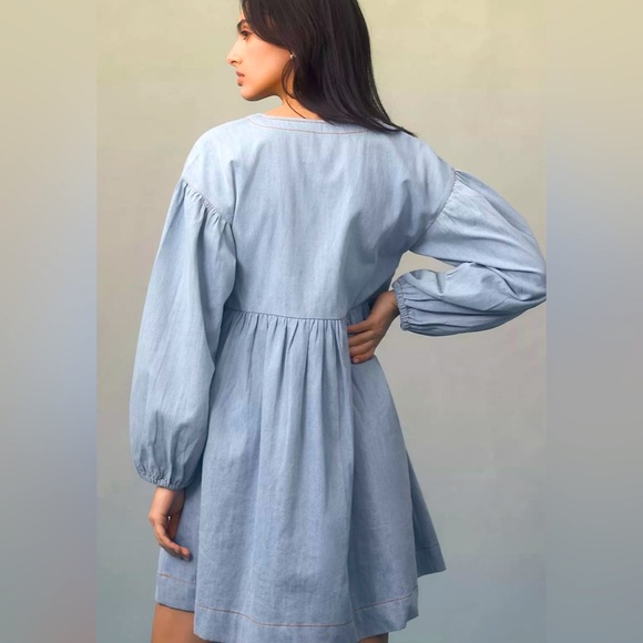 Anthropologie Long-Sleeve Square-Neck Denim Mini Babydoll Dress Size S - Picture 3 of 6